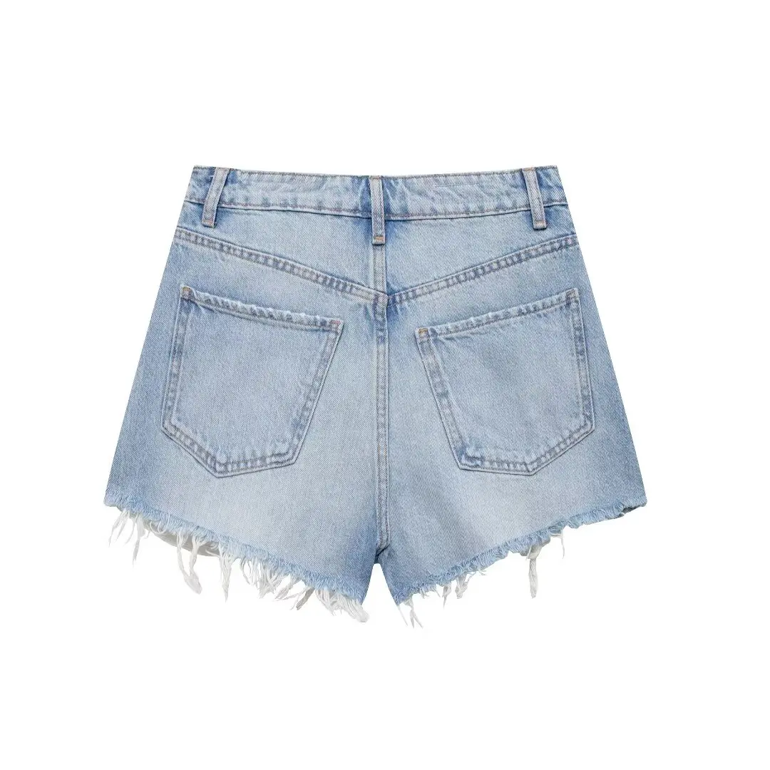 Women's 2024 New Chic Fashion Casual Rhinestone Decorative Raw Edge Denim Shorts Retro High Waist Zipper Women's Shorts Mujer