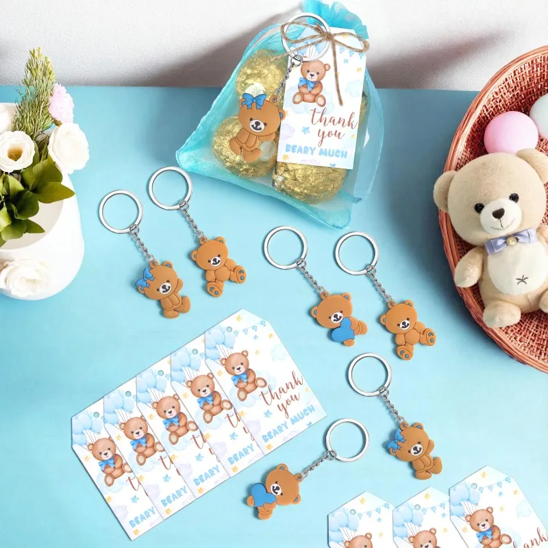 30sets Keychain Bear Baby Shower Souvenir Organza Bag Thank You Tag Bear Keychains Girl Boy Gender Reveal Birthday Party Favors