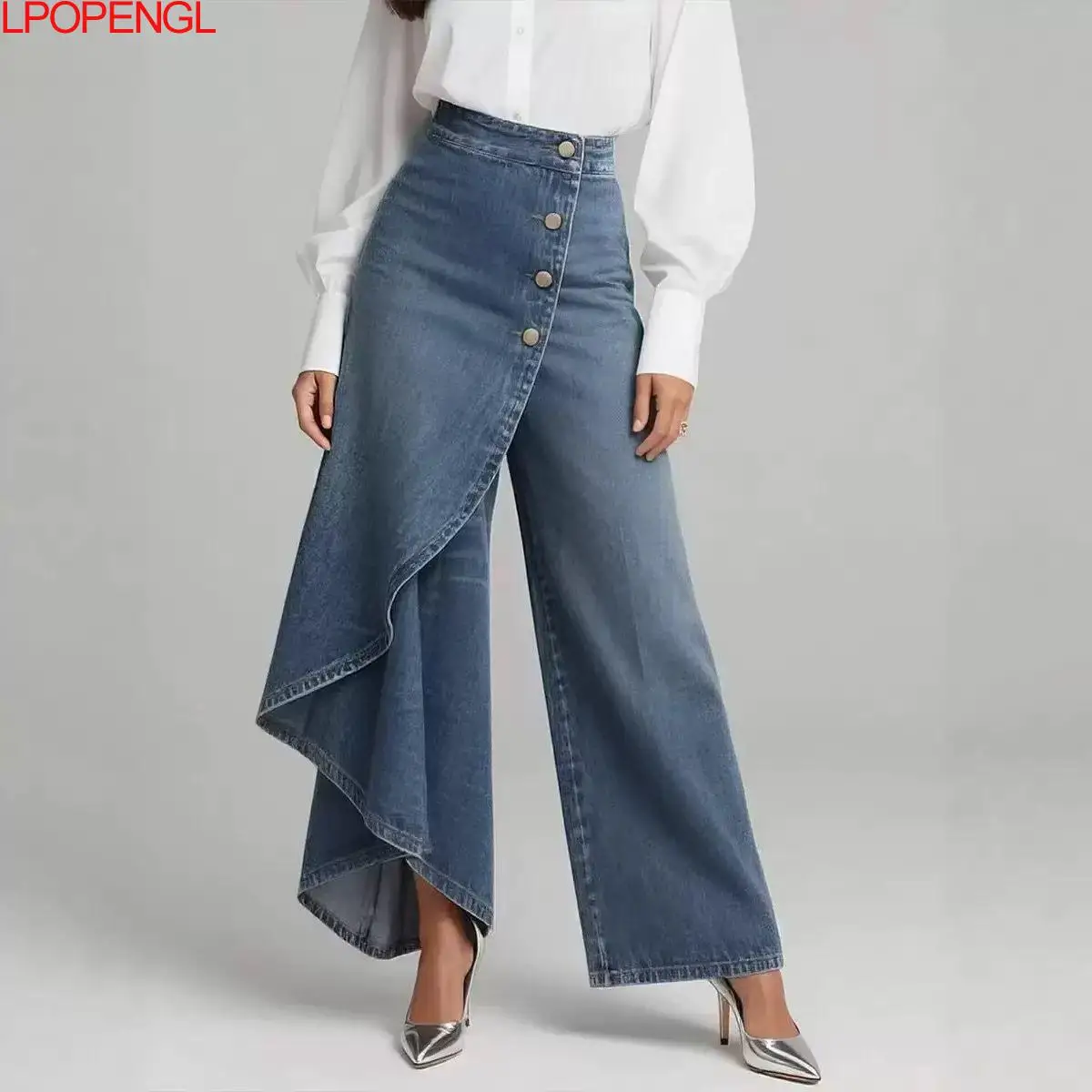 Fashionable Solid Color Irregular Ruffle Edge Loose Casual Straight Jeans 2026 New Women Buckle Decoration Washed Denim Pants