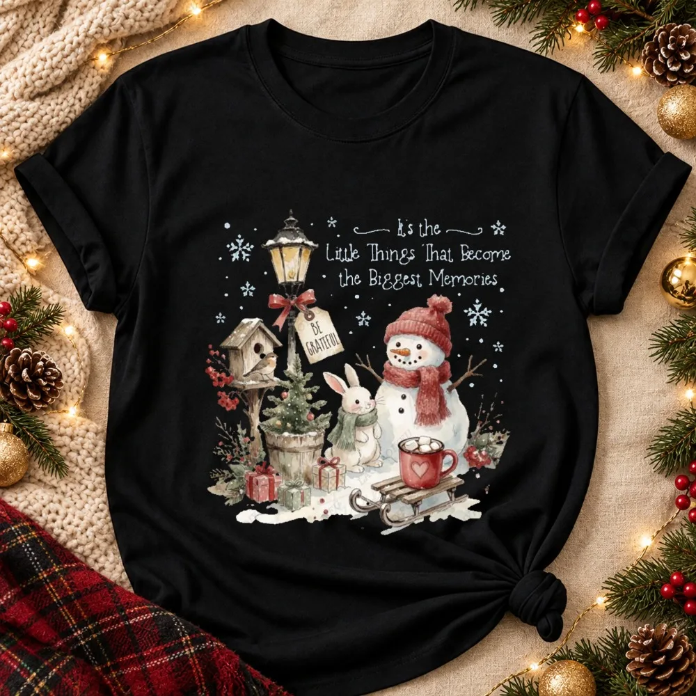 Little Things Biggest Memories Christmas T Shirt Women Cute Snowman Bunny Print Tee Short Sleeve Cotton Holiday Tops Thankful