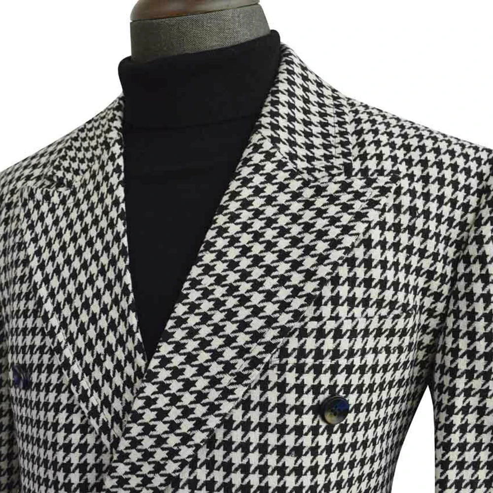 Houndstooth Men‘s Long Overcoat Casual Woolen Coat Peak Lapel Blazer Plaid Wedding Tuxedos One Piece Costume Homme Mariage