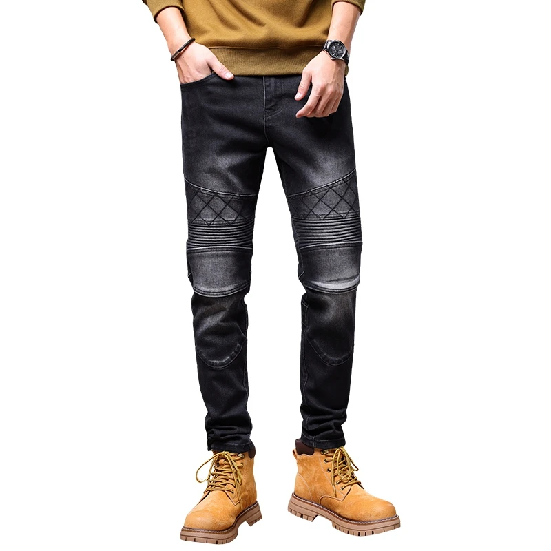 Autumn and Winter American High Quality Motorcycle Pants Retro Elastic Splicing Small Leg Jeans for Men Denim  Cargo Pants Men