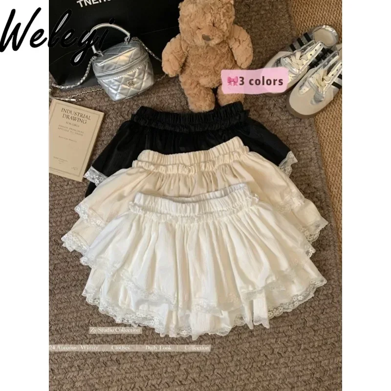 

Sweet White Short Cake Skirt for Women Summer and Autumn New Cute Women's High Waist Lace Stitching A-line Puffy Culottes Skirt