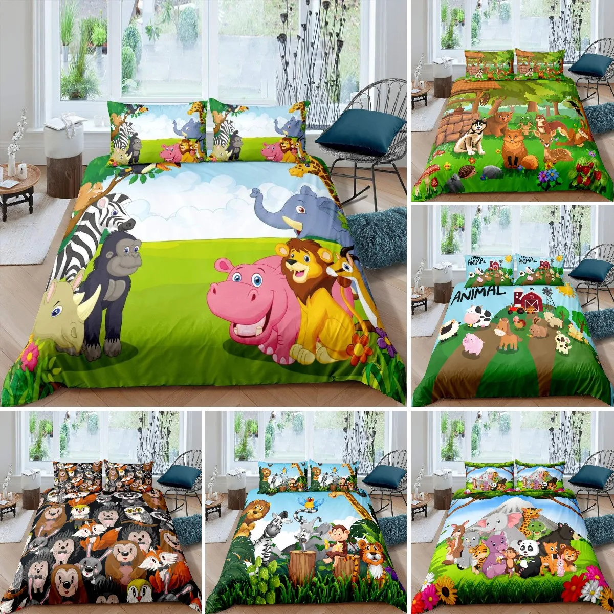 

Cartoon Animals Duvet Cover Set , Savannah Tropical Forest Jungle Wildlife Pattern Bedding, Zoo Style Duvet Cover For Kid