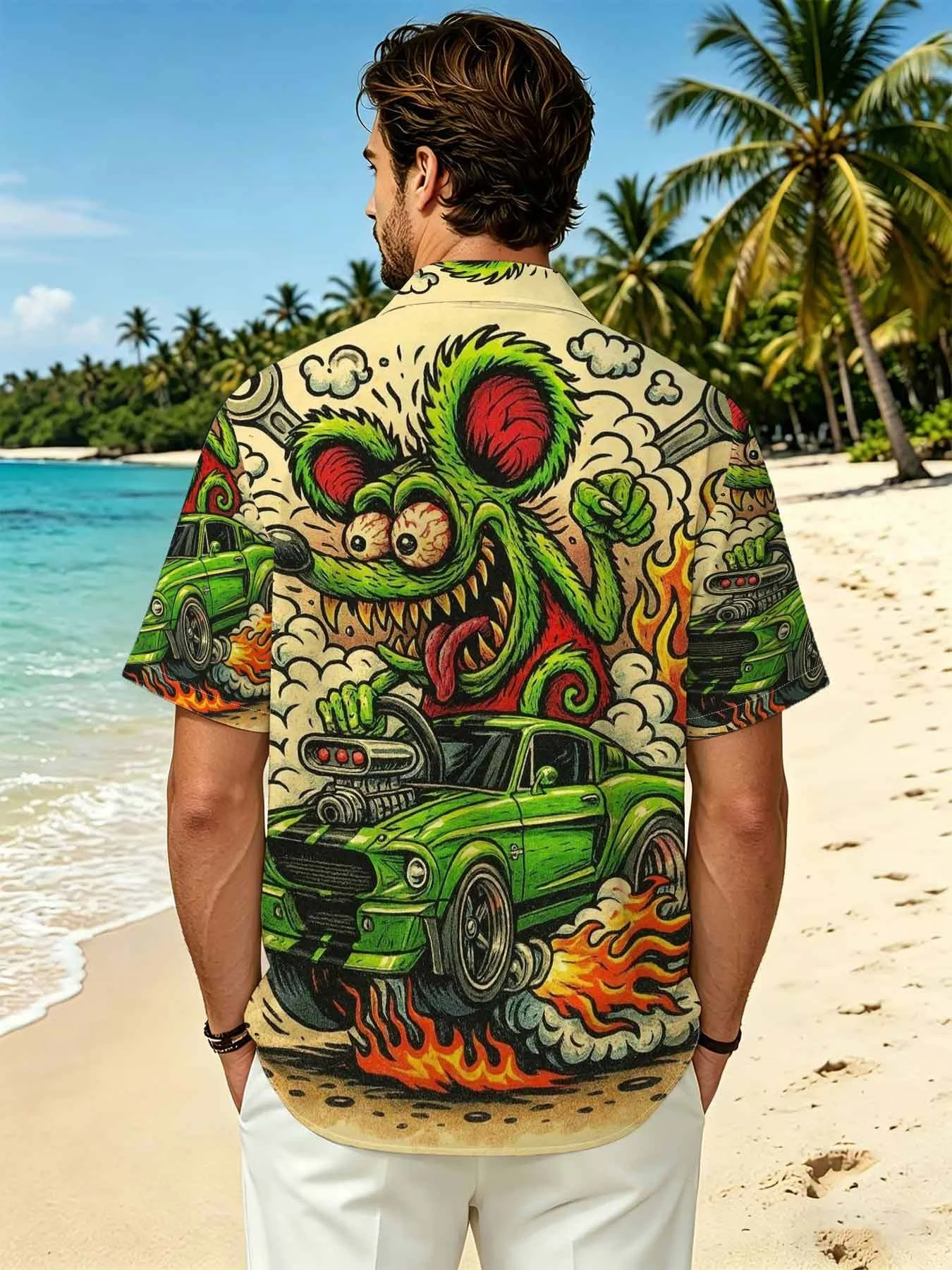 Vintage Hot Rod Automotive Comic Graphic Men Lapel Shirt Button Front Short Sleeve Beach Holiday Blouse