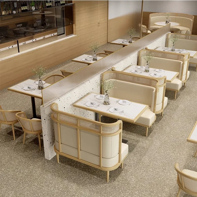 Nordic Restaurant Solid Wood & Rattan Dining Set with Oil-Waxed Leather Chairs