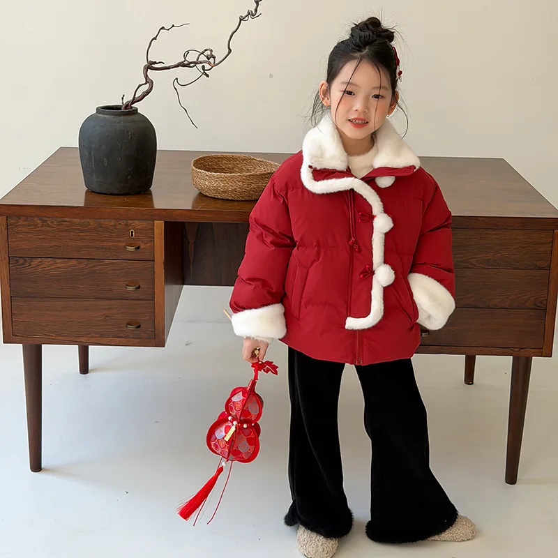 2025 Winter New Fashion Girls Baby Red Cotton Jacket Cute Contrast Color Ball Cotton Clothes Boutique Clothing Simple Style