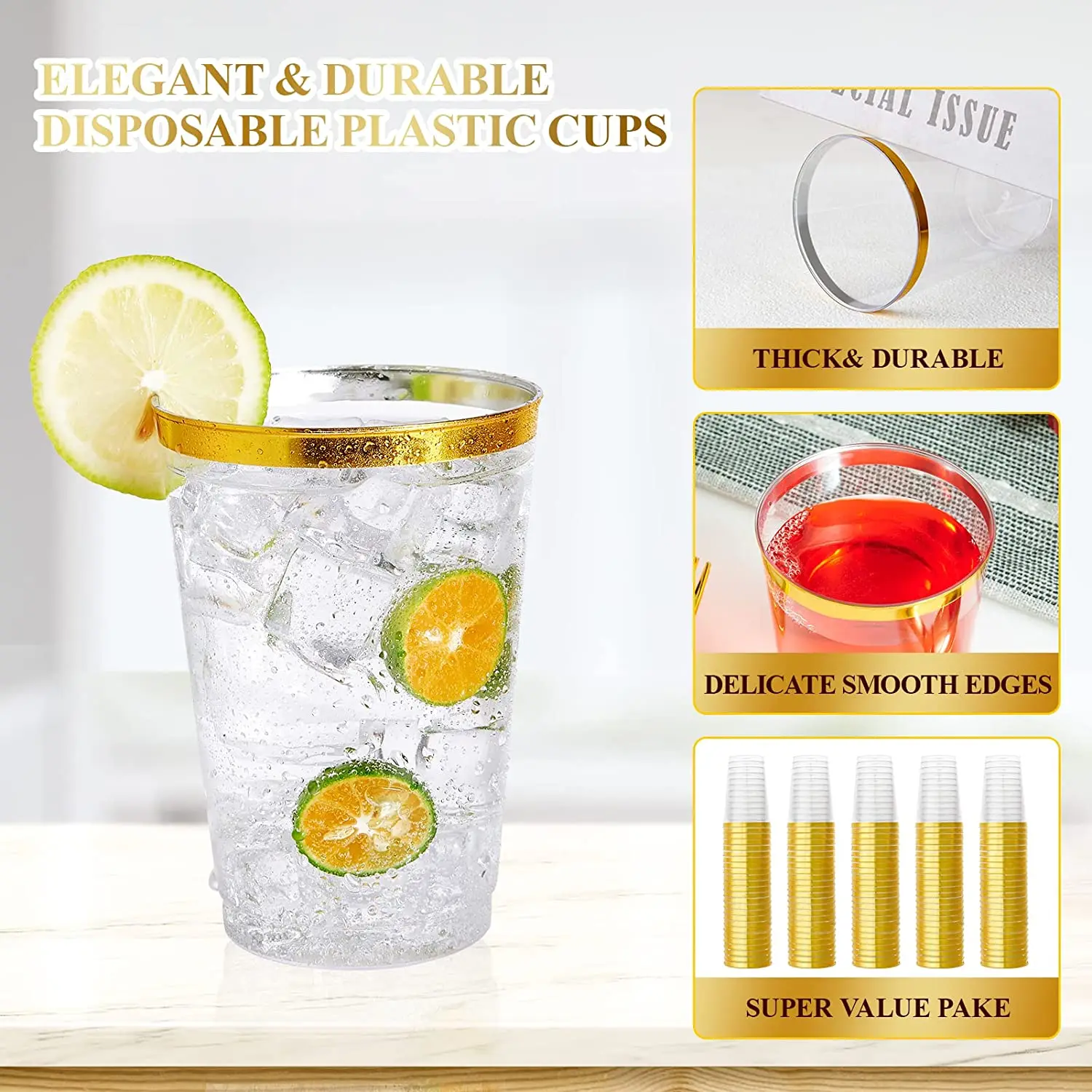 50/10pack 12oz Gold Plastic Cups -Premium Gold Rimmed Plastic Disposable Cups Tumblers for Elegant Weddings, Nice Celebrations
