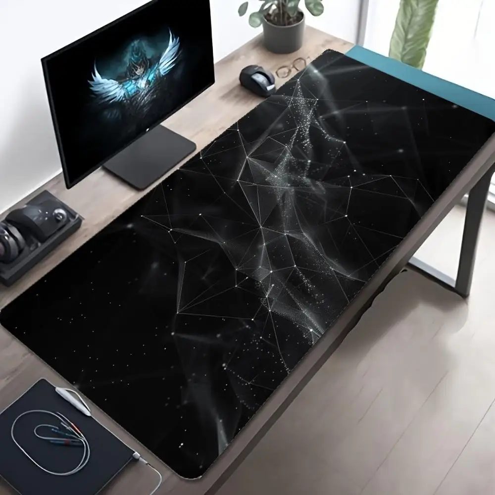 Black Tech Polygon Mesh XXL Gaming Mouse Pad Abstract Line Dot Deskmat Non-Slip Rubber Gamer Keyboard Large Mausepad Desk Mats
