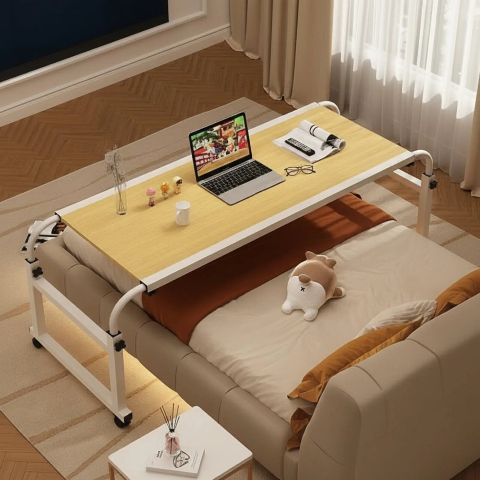 Scrivania Regolabile da Letto Multifunzionale, Tavolo da Studio a Croce, Scrivania a C Regolabile con Bordo Rialzato, Tavolo per Computer con Ruote