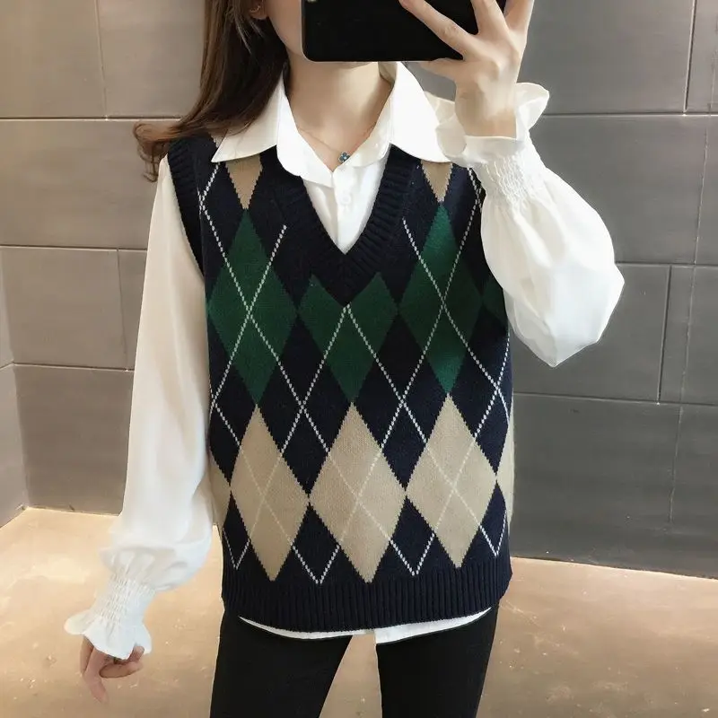 Donna autunno inverno 2023 nuovo maglione a righe senza maniche Argyle Pullover con scollo a v allentato Casual canottiere lavorate a maglia