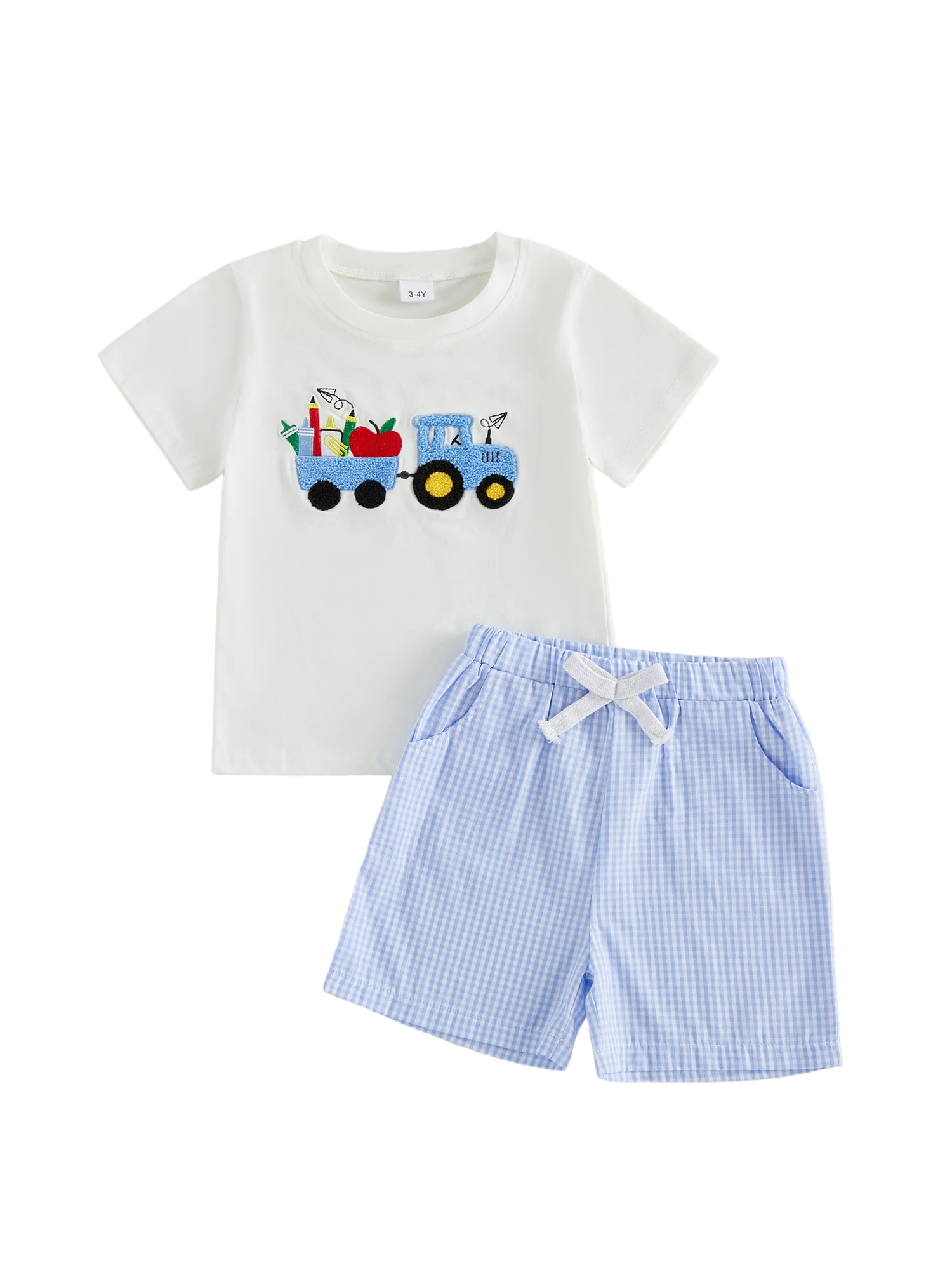 

2Pcs Back to School Set for Little Boy Short Sleeve Crew Neck Pencil Embroidery Tops and Elastic Waist Plaid Shorts with