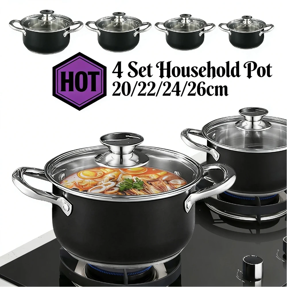 

Набор из 4 кастрюль из нержавеющей стали с защитой от царапин, 20/22/24/26 см, со стеклянными крышками, трехслойным дном, для всех типов кухонных плит