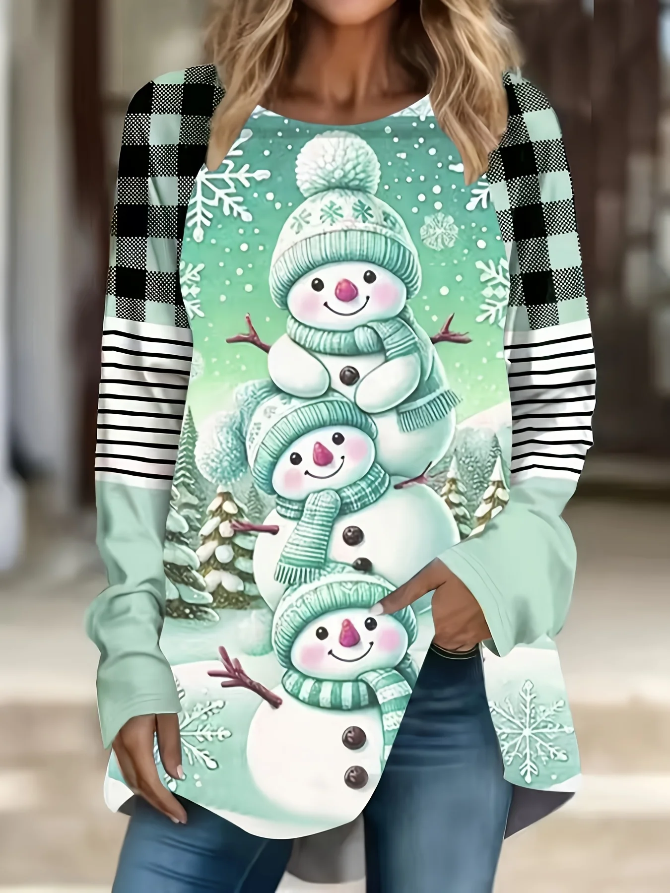Women's Long Sleeve T-Shirt, Stacked Snowmen with Mint Green Hats & Scarves on Snowy Background, Plaid & Striped Sleeves, Winter Holiday Top for Leisure & Sports