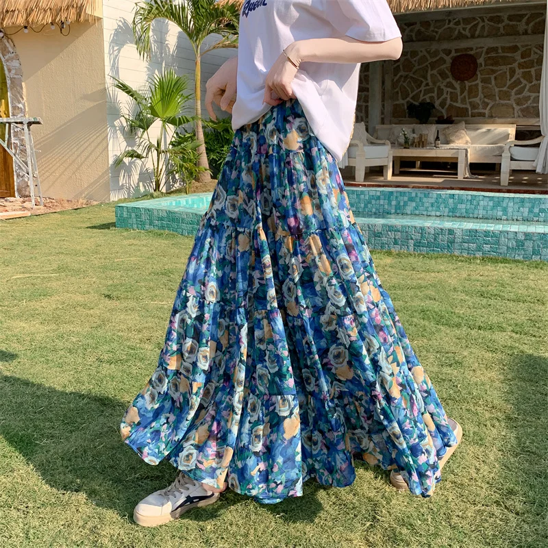 Beach Skirt Women Chiffon Long Printed A Line French Autumn Retro Wave Vacation Versatile Sweet Simia Half Length Skirt