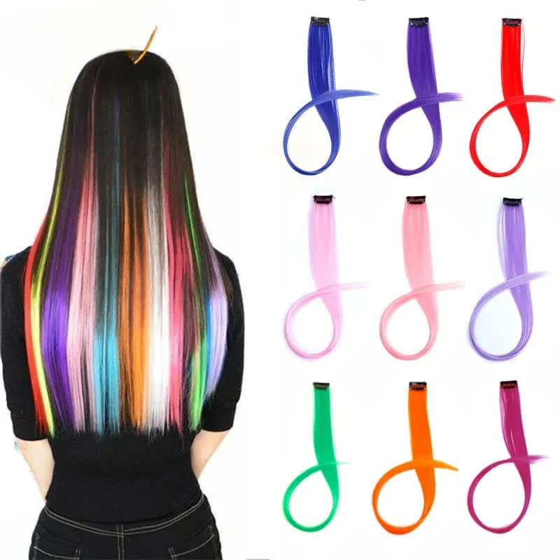 وصلة شعر صناعية طويلة مستقيمة، قطعة شعر ملونة بألوان قوس قزح، قطعة شعر أرجوانية حمراء وزرقاء للنساء