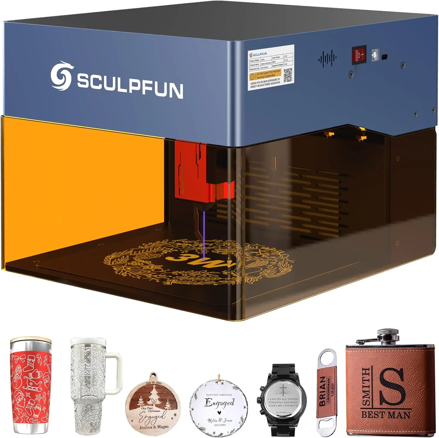 Sculpfun Icube 3W Mini Laser Engraver, Portable Enclosed Laser Cutter And Engraver Machine, High Accuracy Laser Engraving