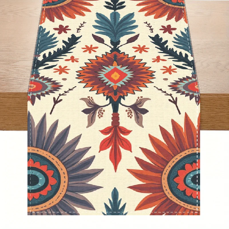 Boho Ethnic Floral Table Runner, Retro Sunflower Plant Print, Bohemian Long Strip Decor for Dining Room Living Room