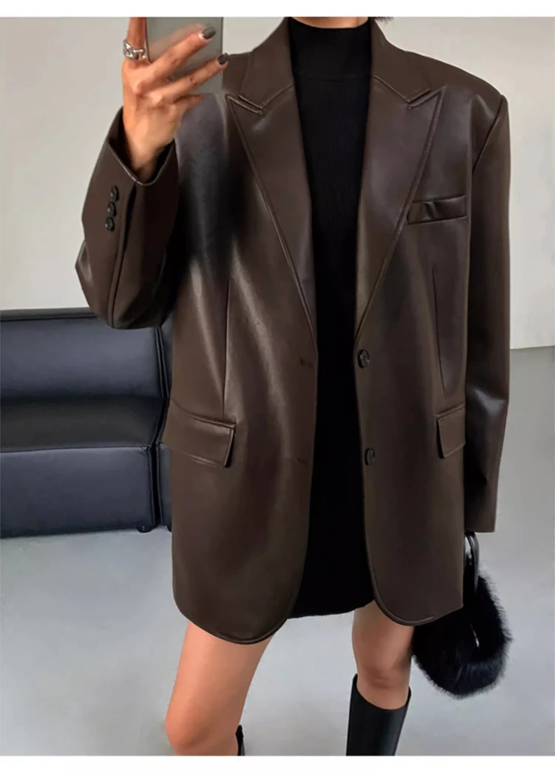 Lautaro Autumn Black Brown Soft  Pu Leather Blazer Women Shoulder Pads Long Sleeve Single Breasted Loose Casual Korean Fashion