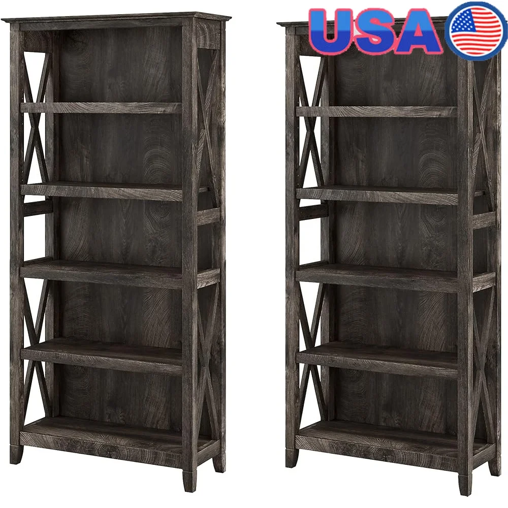 

Tall Bookshelf Set of 2 Adjustable Storage Shelves with X Pattern Accents Office Living Room Library Display Safety Hardware