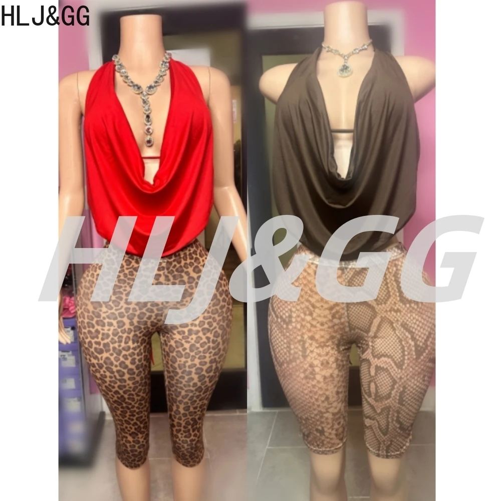 

HLJ&GG Sexy Halter Ruched Top Two Piece Sets Women Deep V Backless Crop Top And Leopard Shorts Outfits Fashion 2pcs Streetwear