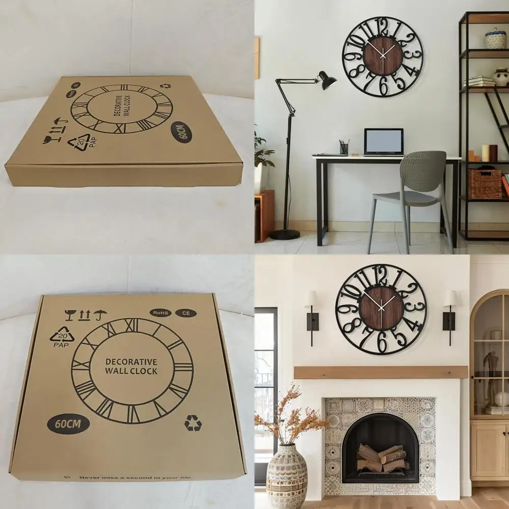 

24 Battery-Powered Silent Round Wall Clock - Black Metal & Wood, Perfect for Living Room, Home, Office, and Kitchen Decor