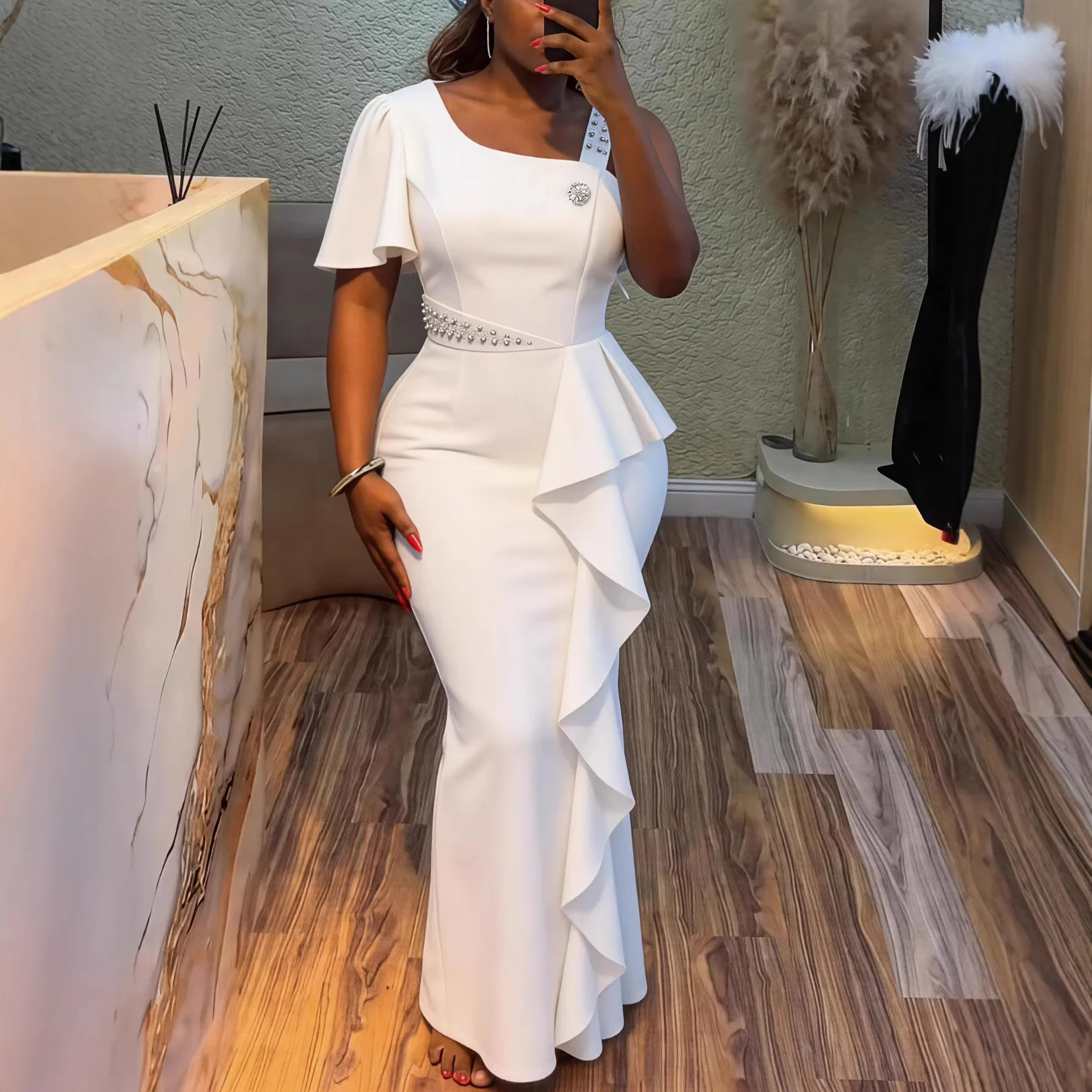 Africa Clothing One Shoulder Maxi Dress Asymmetric Ruffle Rhinestone Accents Vintage Perfect for Formal Events Weddings or Galas