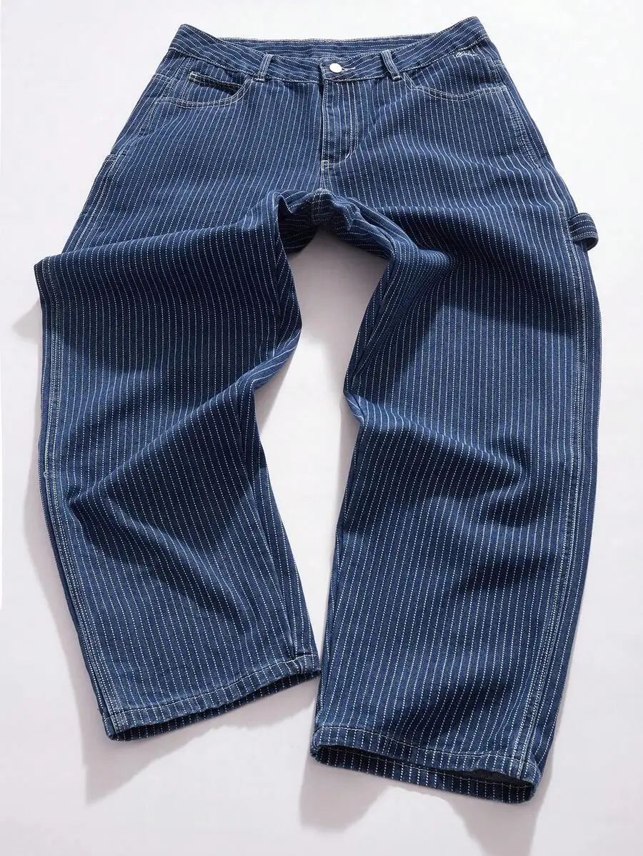 

Mens Denim Jeans With Vertical White Dot Stripes And Multiple Pockets, Casual Streetwear Style