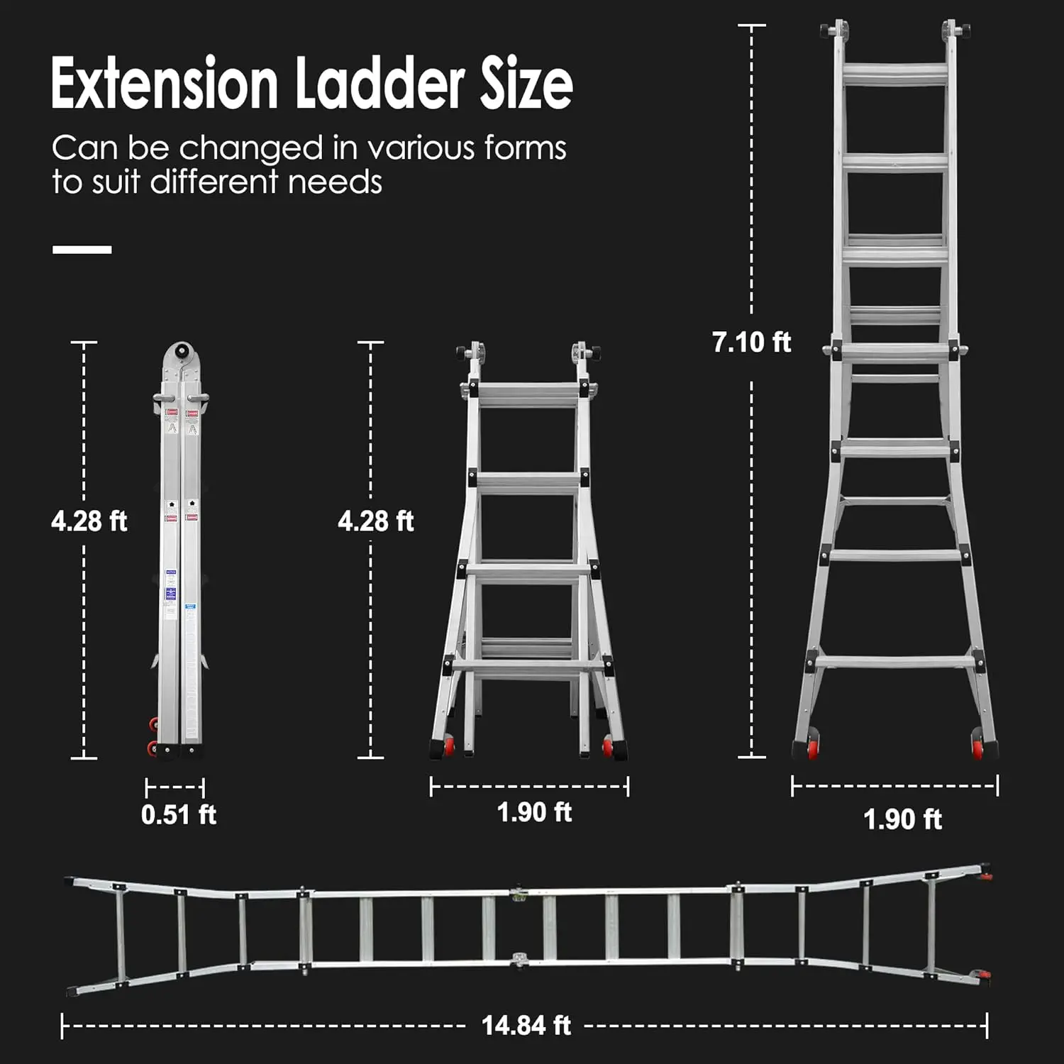 Telescopic Ladder, Collapsible Ladder Extension,Max Extension Reach 17 ft with Two