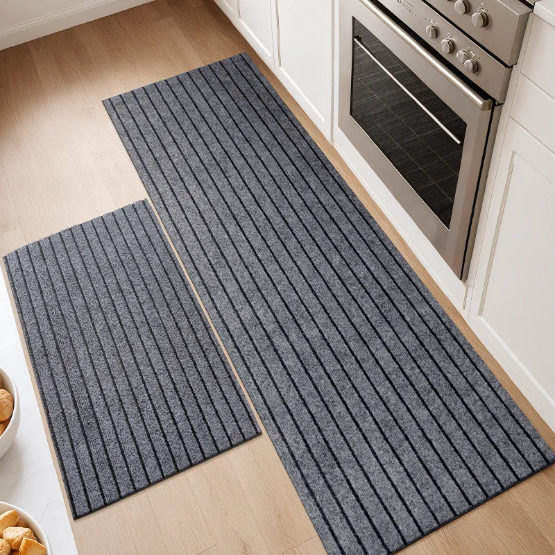 Classic Gray Striped Kitchen Floor Mats, Polyester Long Kitchen Rug, Dust Door Mat, Water-absorbing, Oil-absorbing and Non-slip