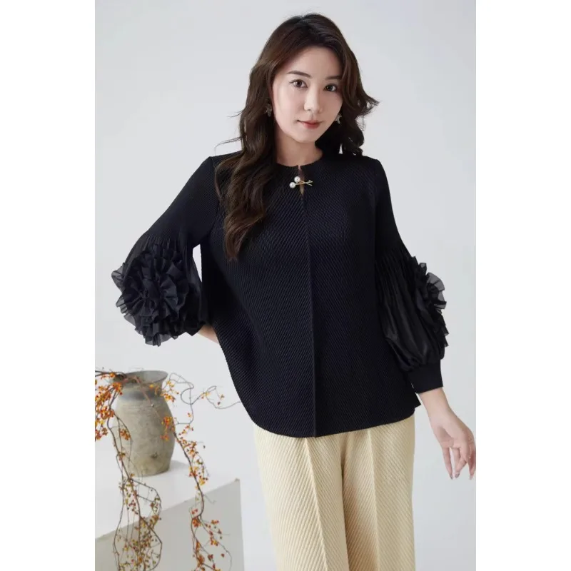 三宅プリーツ Tシャツ 2025 春服新しい気質エレガントな折り小さなシャツ薄い大きいサイズルーズプリーツトップス女性