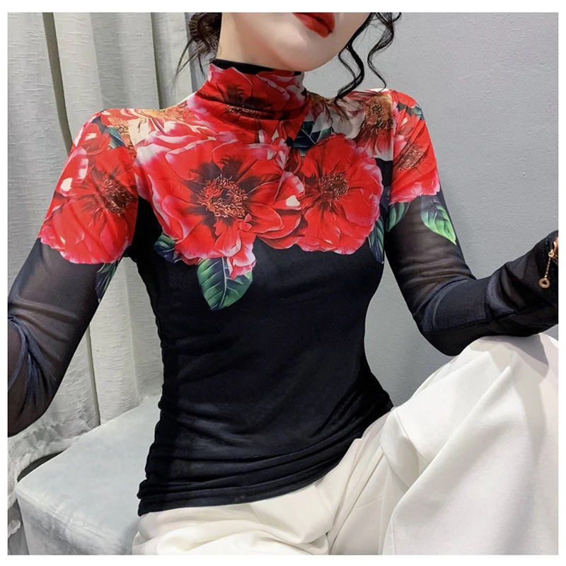 Autumn/Winter New Women's Dress 2022 Fashion Long Sleeve Printed High Neck Undercoat Slim Mesh Top Women Clothes Black/GREEN+RED