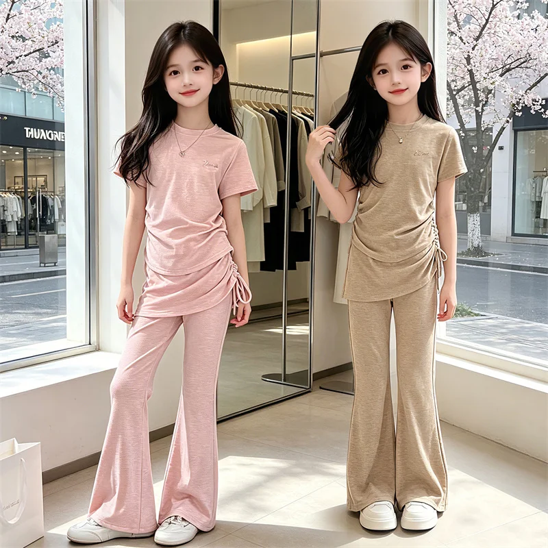 

Teenage Girls Casual Clothing Sets Summer Drawstring Tops+Fashion Curtain Flare Pants 2PCS Children's New Arrivals Outfits 5-14Y