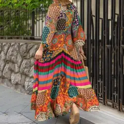 Vestido largo con cuello en V para mujer, ropa femenina cómoda con estampado étnico Retro y dobladillo grande