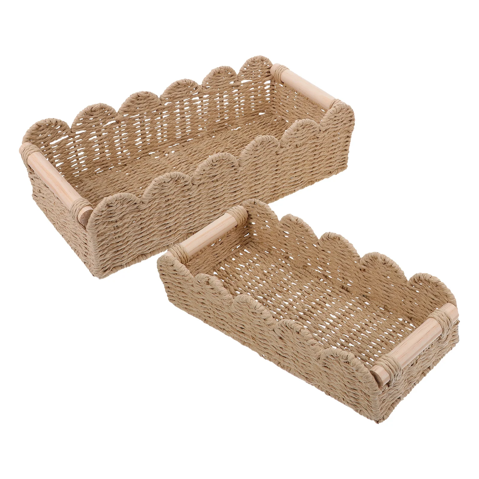 

2Pcs Handmade Paper Rope Basket Scalloped Edge Wooden Handle Storage Bin Toilet Paper Organizer Shelf Countertop Decor