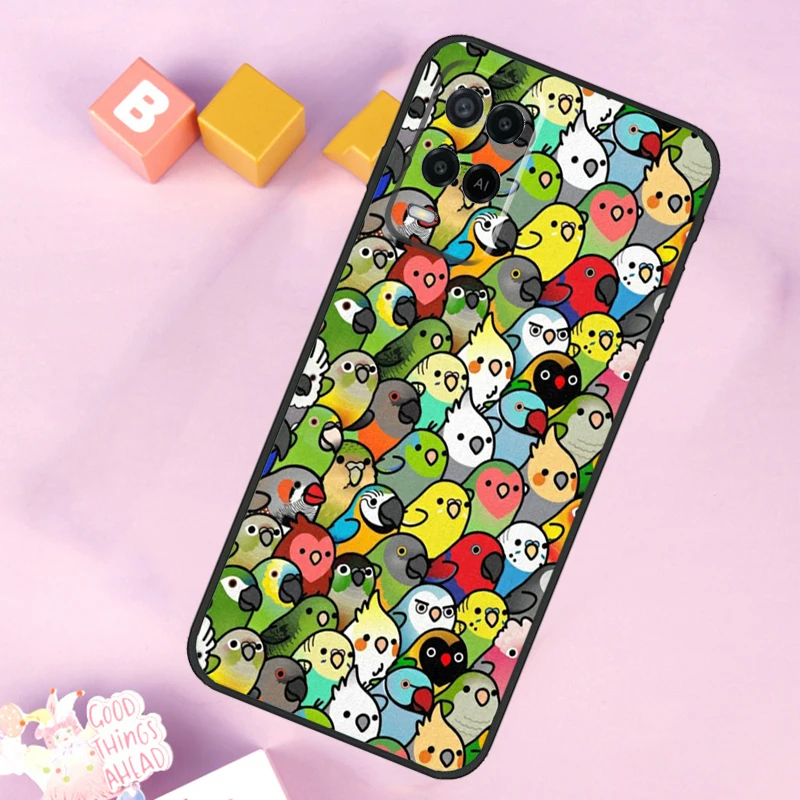 Cartoon Cockatiel Collage For OPPO A17 A16 A15 A98 A78 A58 A54 A74 A94 A53S A57S A52 A72 A77 A5 A9 A53 A76 A96 Case