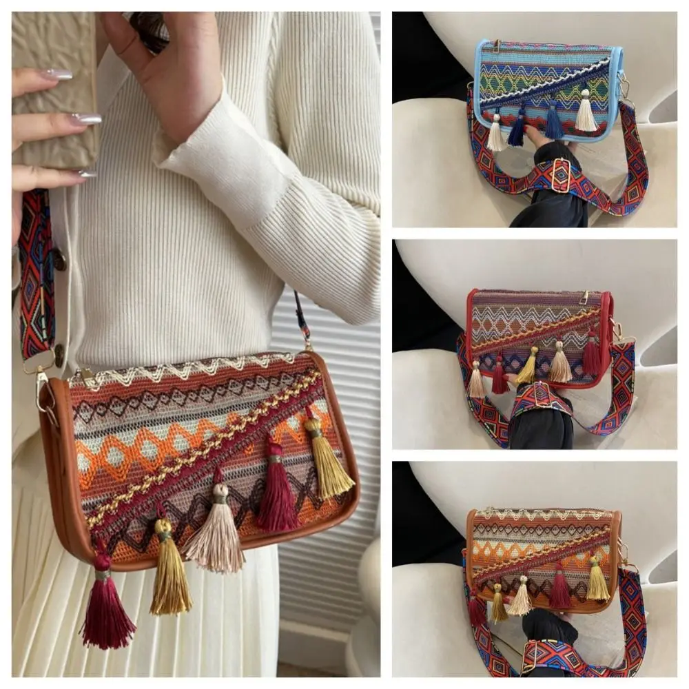 

Embroidery Bohemian Shoulder Bag Tassel Colorful Fringe Shoulder Bag Korean Style Woven Bag Geometric Large Capacity Bag