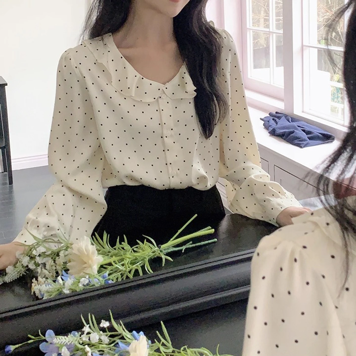 

Anti-Aging Ele Patchwork Lace Trim Color Blo Polka Dot Silk Surface Women's Loose Base irt Winter New Sle Korean Ve...