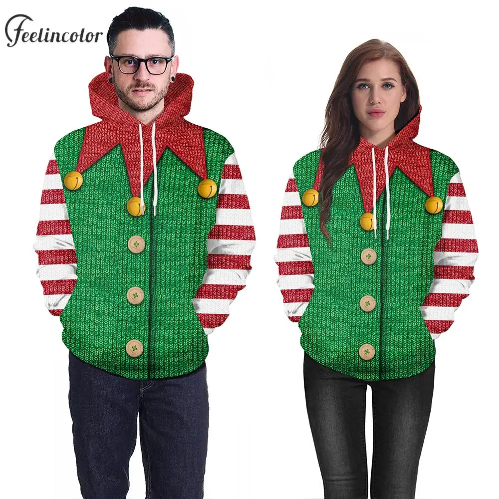 

Couple Xmas Tree Ugly Christmas Hoodies Red Green Stripes Sweatshirts Autumn with Pocket Pullover Male Female Streetwear