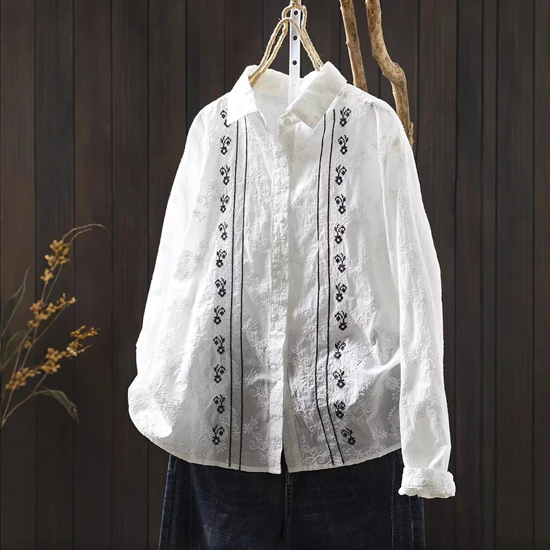 

Women Long Sleeve Cotton White Shirt New Arrival 2025 Autumn Vintage Style Floral Embroidery Female Basics Tops Shirts T759