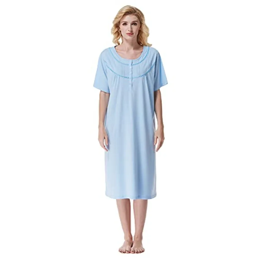 Women Nightgowns, Soft Comfy Lightweight 100% Cotton Short Sleeves Comfy Ladies Nightdress