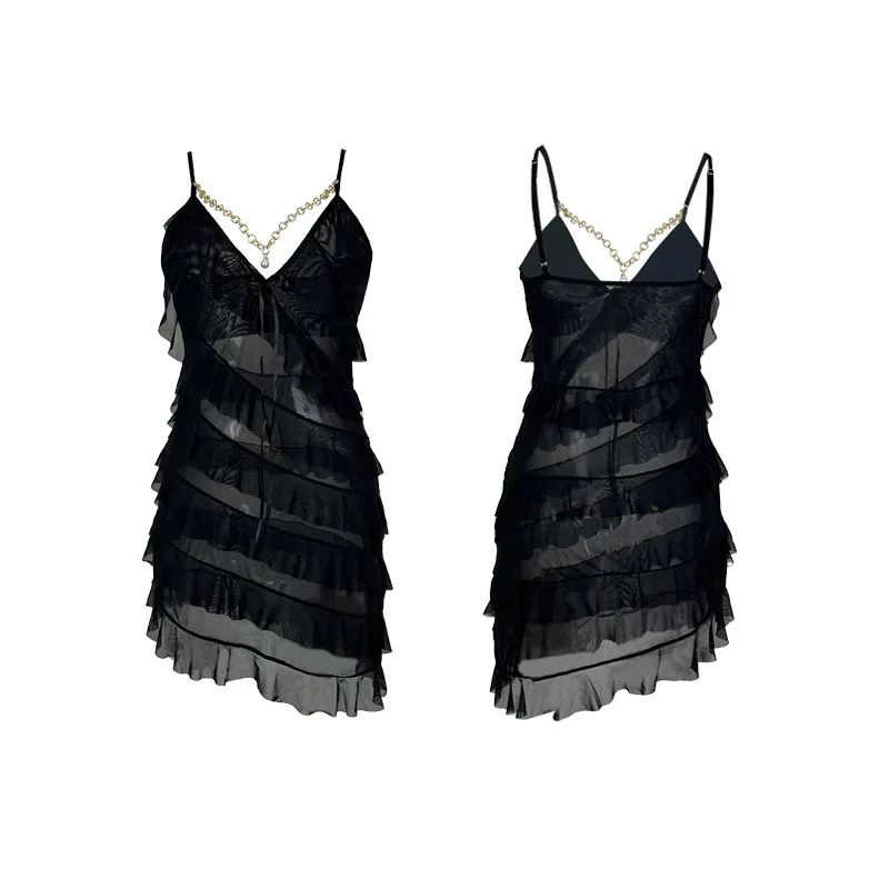 

Chain-decorated Multi-layered Ruffle Nightgown See-through V-neck Strapless Bodycon Women's Sexy Solid Color Dress Charming LP54