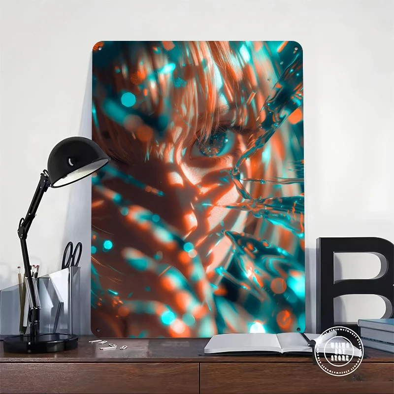 Close-up of an Anime-style Eye With Water Tinplate Poster Customized Wall Art Retro Vintage Metal Signs for Fans Coffee Bar Home