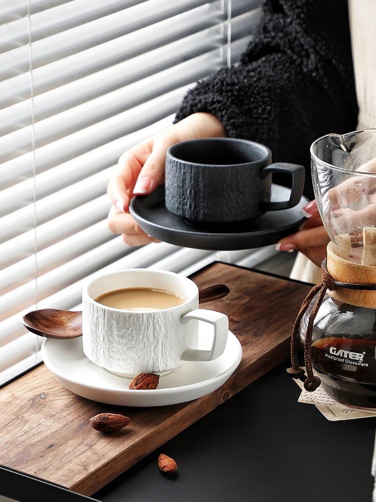 Black White Simple Ceramic Coffee Cup and Plate Set Light Luxury Exqusite Afternoon Tea French Rock Texture Hone Milk Cups