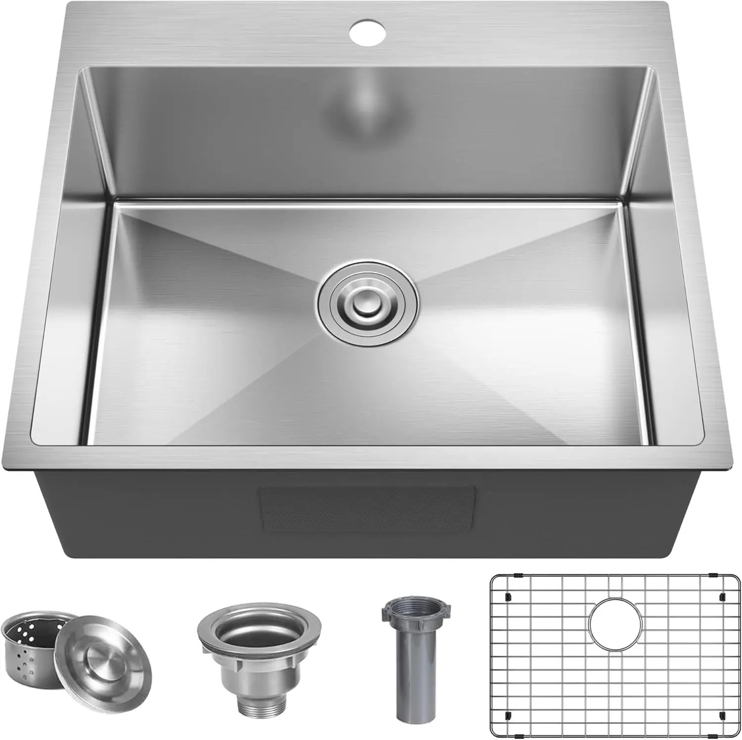 

25x22 Inch Single Bowl Drop In Kitchen Sink, 18 Gauge Stainless Steel with Grid and Basket Strainer