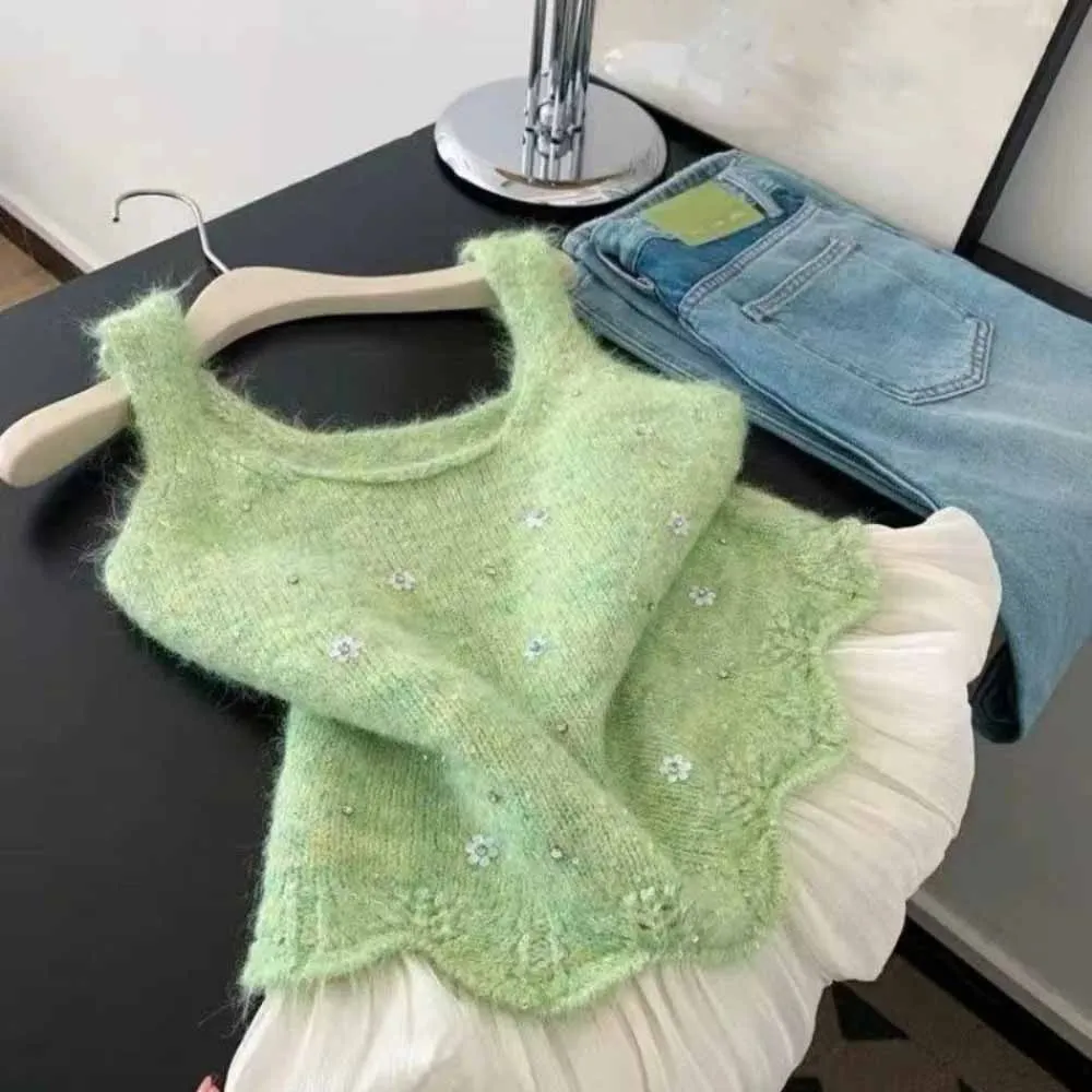New Patchwork Knit Ruffles Coat Sequin Short Panelled All-match Slim Vests Sweet Fresh Lovely Exquisite Literary Mujer