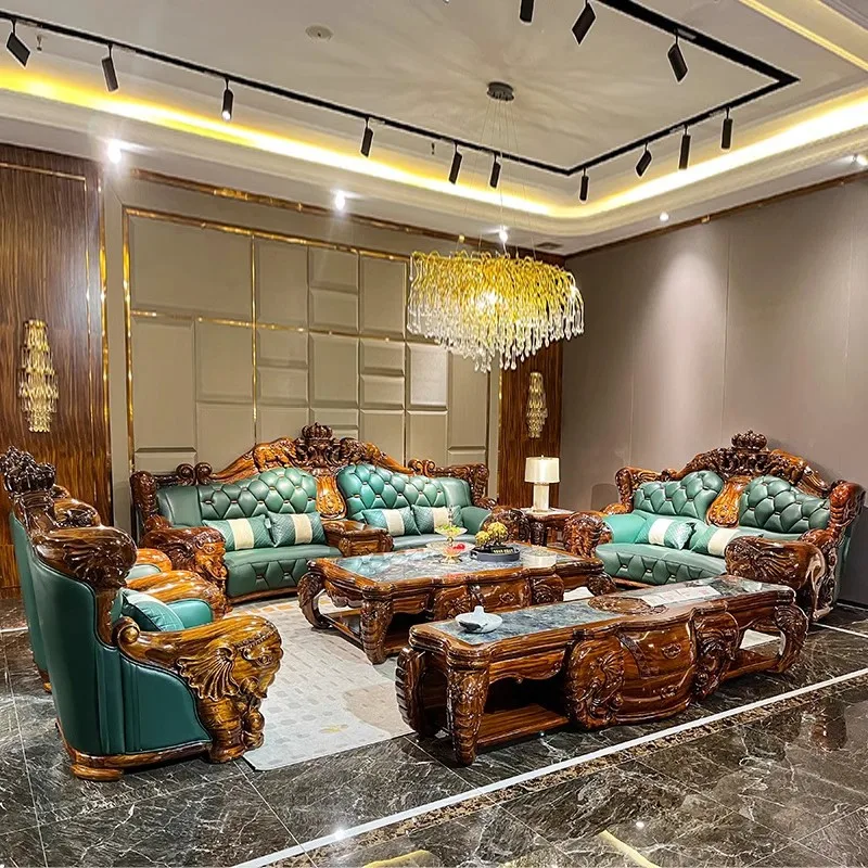 Ebony Sofa Leather European Elephant Carved Mansion Villa Living Room Combination Large Apartment Luxury American Furniture