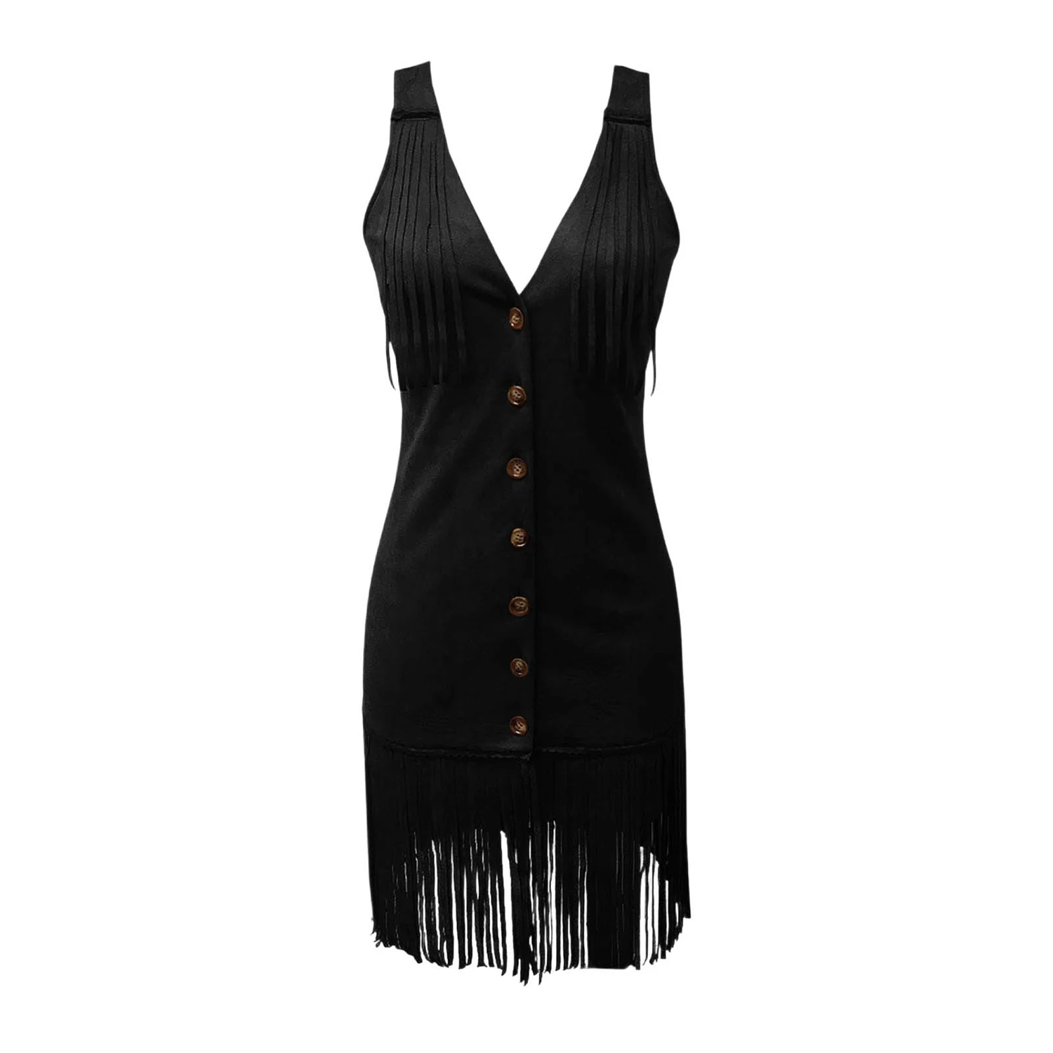 Women's Cowgirl Dress Seductive Deep V-Collar Fringe Vintage Tassel Hem Trim Style Suede Suspender Outfit Casual Bodycon Dress
