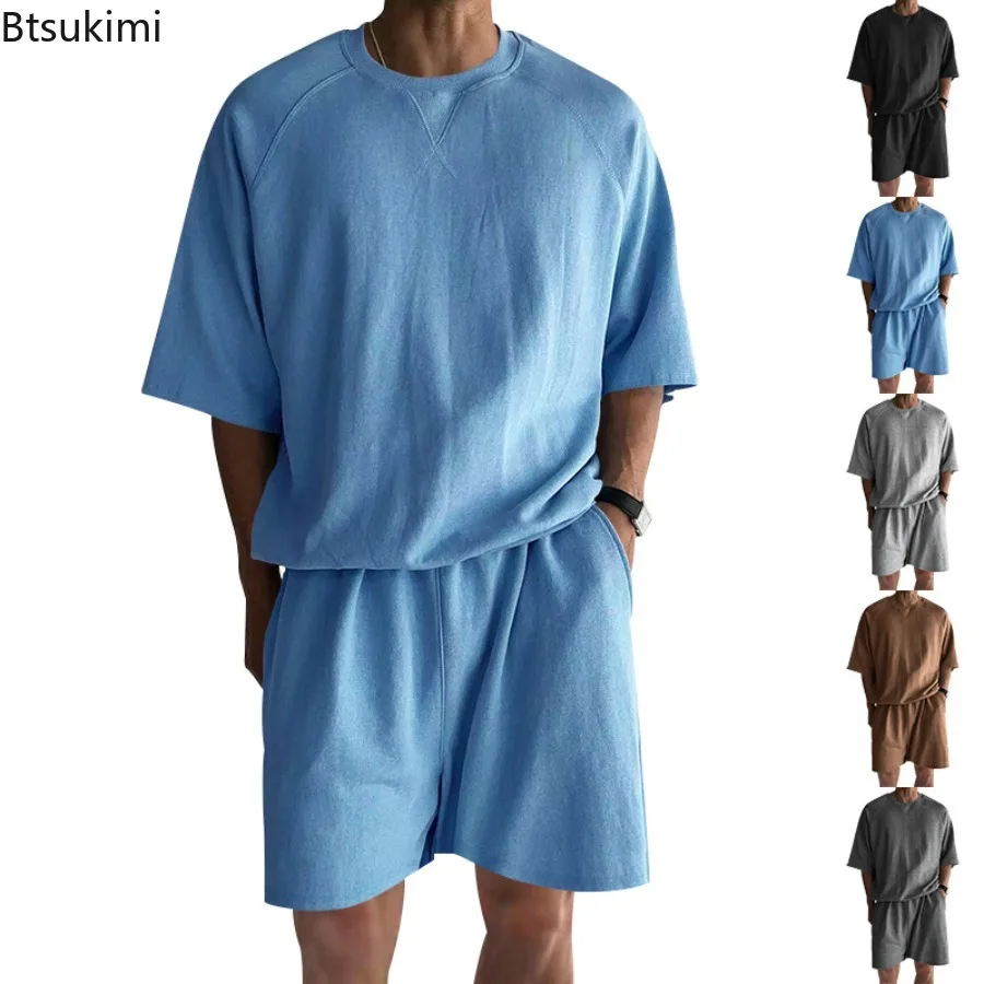 

New 2025 Summer Men's Two Piece Sets Casual Loose Short Sleeve O Neck Tees and Shorts Tracksuits Men Stylish Solid Color Suits