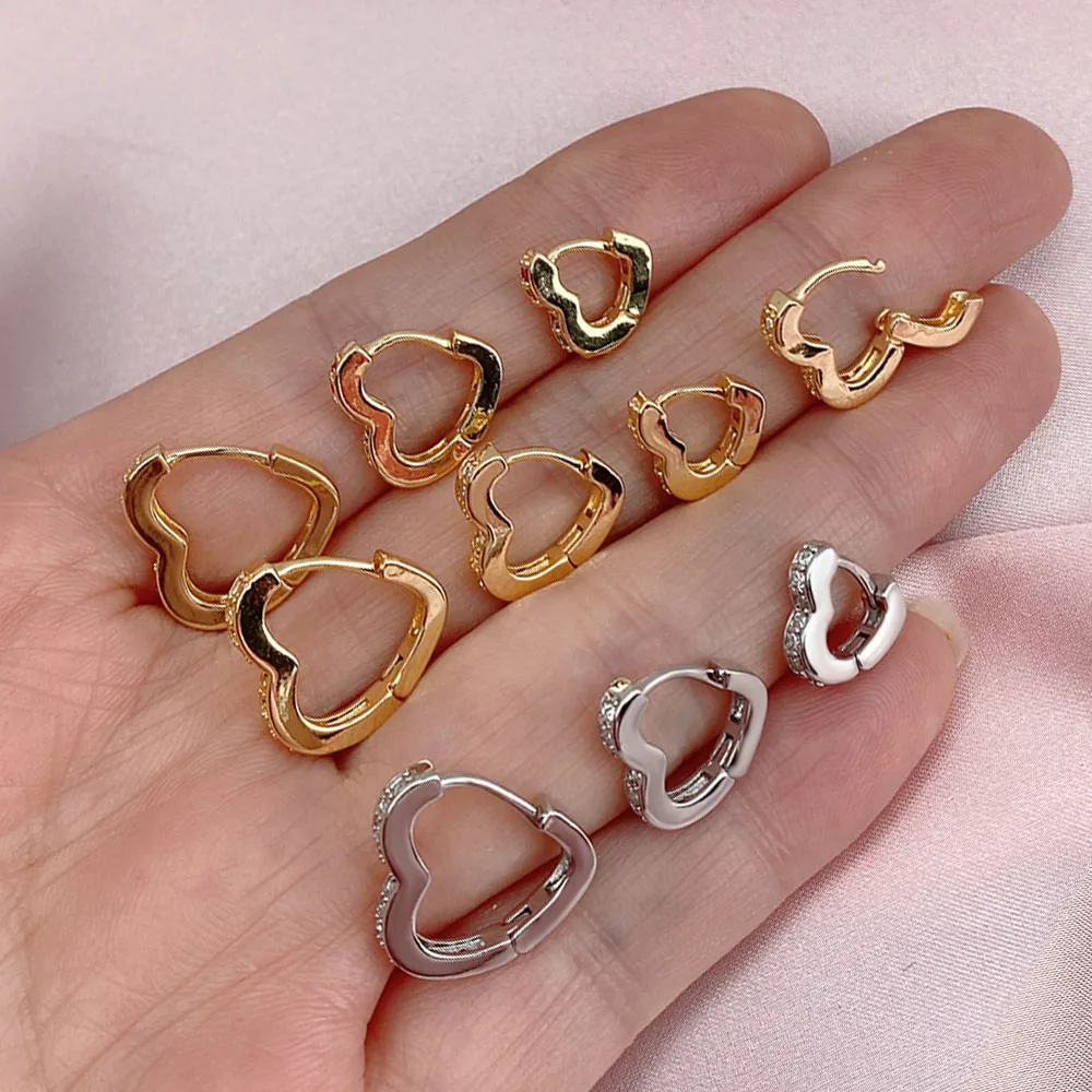 New High Quality Luxury Women Small Heart Geometry Hoop Earrings Dazzling Micro Paved CZ Stones Versatile Female Fashion Jewelry